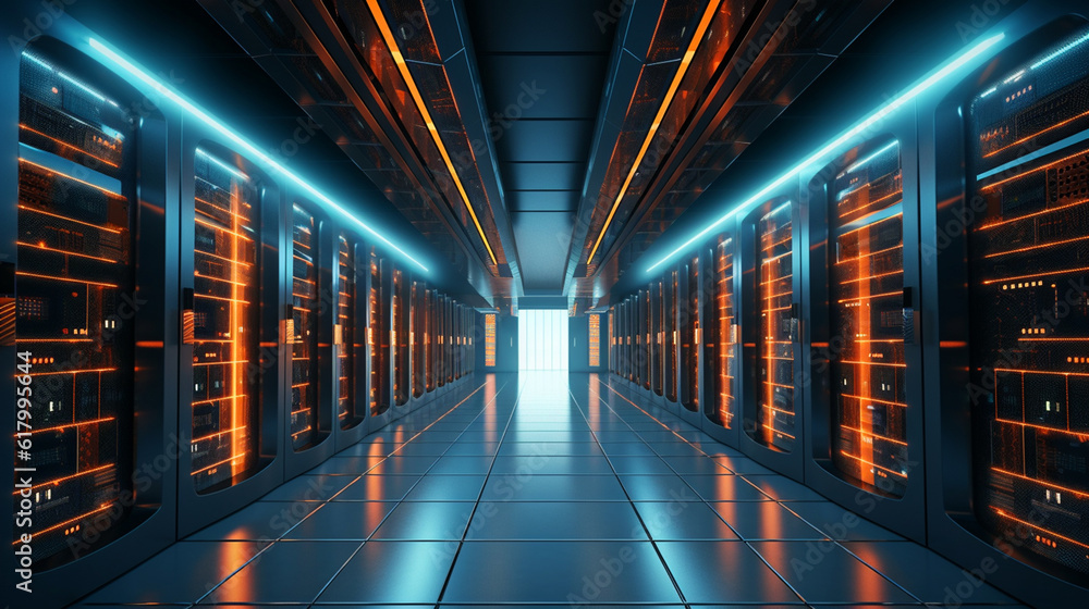 Huge modern server room, Information digitalization lines streaming