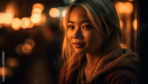 Smiling young women enjoying winter dusk outdoors in casual clothing generated by AI © Jemastock