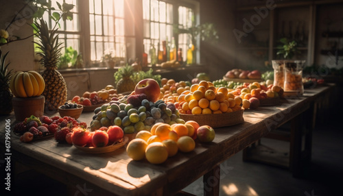 Abundant variety of fresh organic fruit on wooden table indoors generated by AI