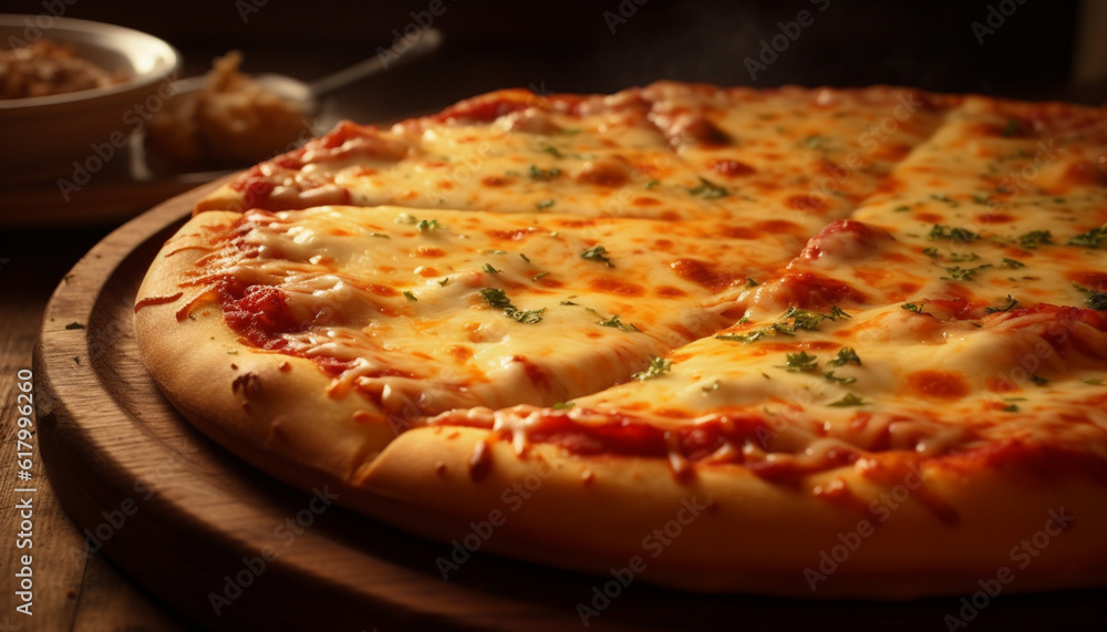 Freshly baked gourmet pizza with mozzarella, tomato, and herbs generated by AI