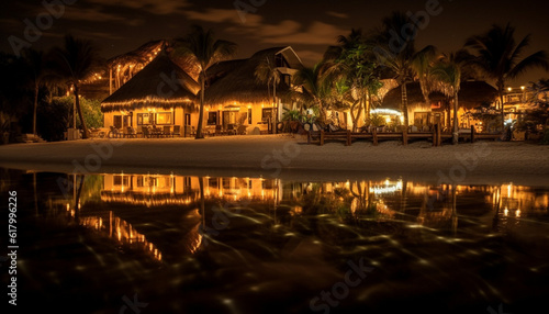 Tropical twilight, tranquil scene, illuminated bungalow, palm tree reflection generated by AI