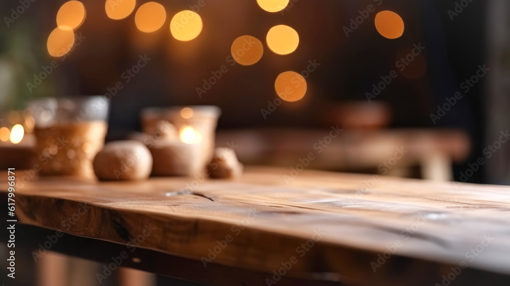 Empty wooden table top in front of abstract blurred background with garlands of lights, cozy cafe bar small restaurant Empty wooden table top in front of abstract blurred background with garlands of lights, cozy cafe bar small restaurant