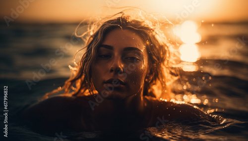 Young adult woman enjoying summer vacation at sunset by the water generated by AI