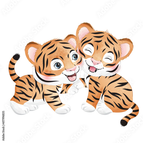 Cute lovely tigers poses watercolor illustration