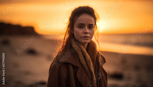 One young adult woman smiling, looking at camera, outdoors at sunset generated by AI