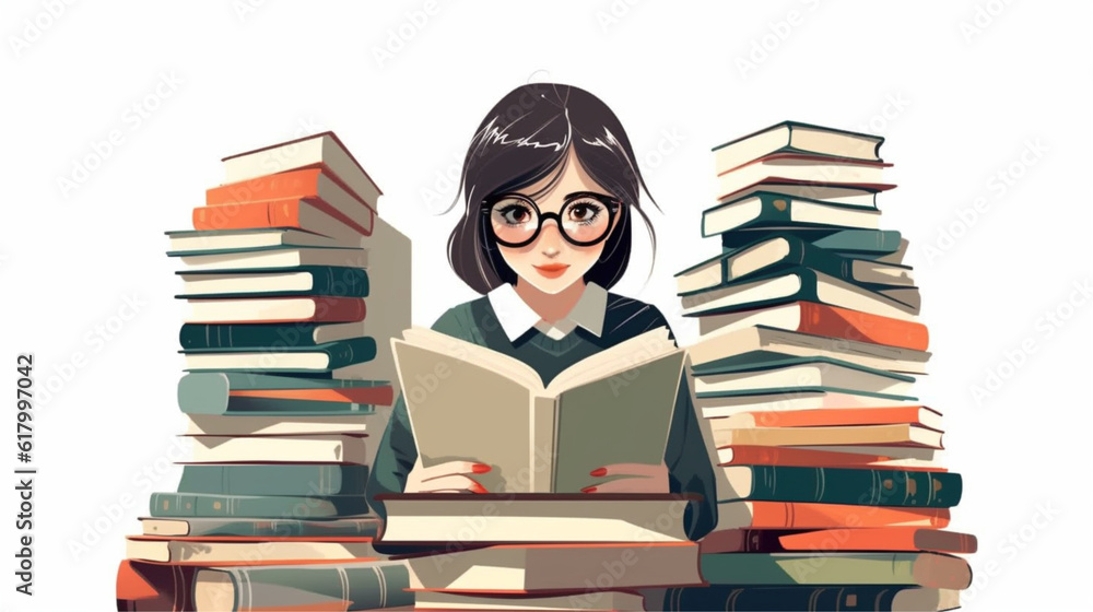 たくさんの本に囲まれて読書する女性　lady reading a book surrounded by lots of books in library Created by generative AI