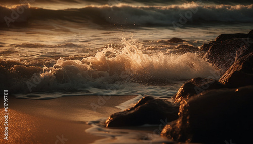 Tranquil seascape at dusk waves breaking on wet sand, reflecting beauty generated by AI