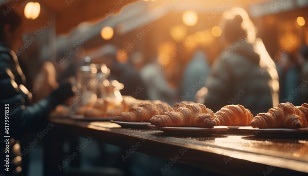 Freshly baked croissants on wooden table, a gourmet indulgence generated by AI Freshly baked croissants on wooden table, a gourmet indulgence generated by AI