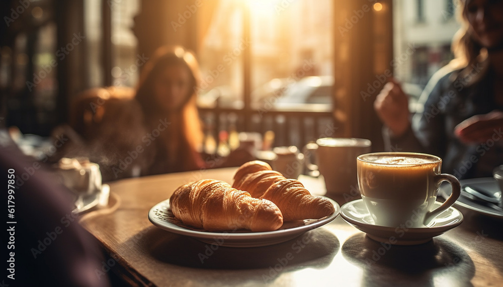Casual friends enjoy gourmet coffee and French pastries indoors generated by AI Casual friends enjoy gourmet coffee and French pastries indoors generated by AI