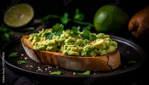 Fresh guacamole on rustic bread, a healthy vegetarian appetizer meal generated by AI