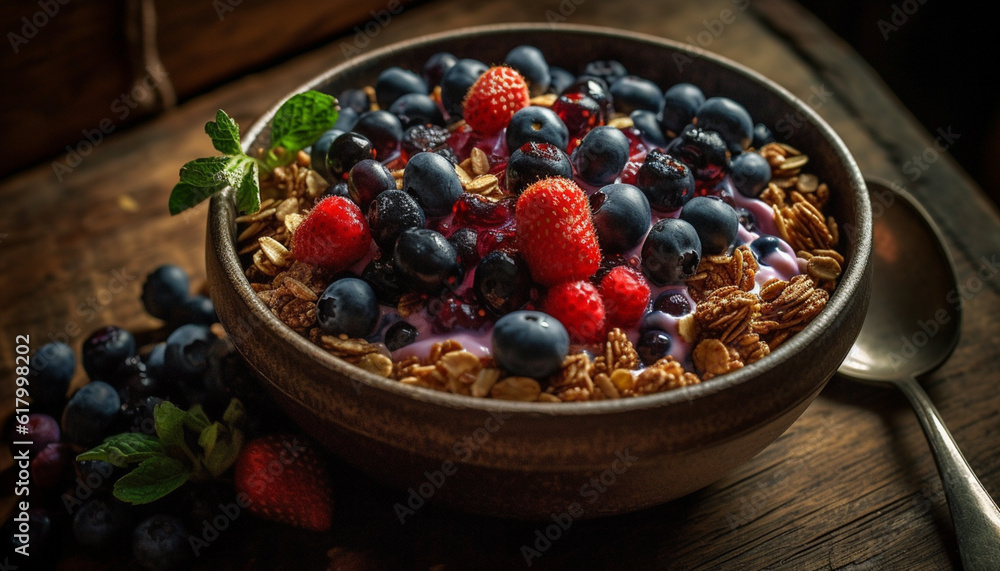 Fresh berry bowl with granola, yogurt, and oatmeal for breakfast generated by AI Fresh berry bowl with granola, yogurt, and oatmeal for breakfast generated by AI