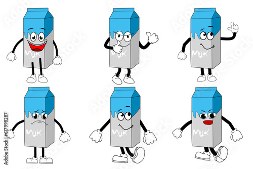Funny retro milk cartoon characters in various poses and expressions, perfect for sticker packs, emoji sets, and playful designs. Colorful and groovy dairy mascots for kids and fun projects.