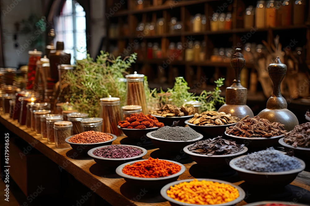 Various spices on the wooden table in a shop, Generative AI Various spices on the wooden table in a shop, Generative AI