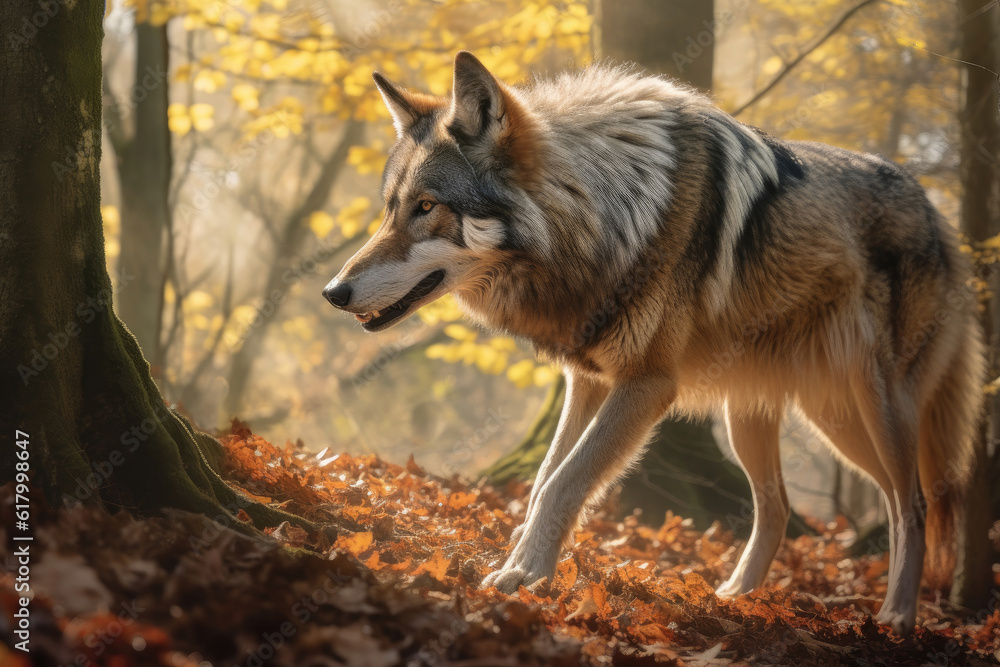 Wolf walking in an autumn forest, Generative AI Wolf walking in an autumn forest, Generative AI