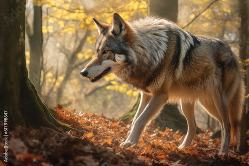Wolf walking in an autumn forest, Generative AI