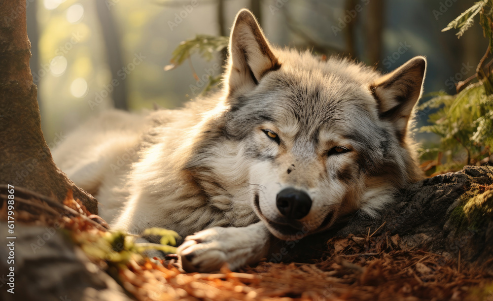 Close-up of a wolf having a rest in a forest, Generative AI Close-up of a wolf having a rest in a forest, Generative AI