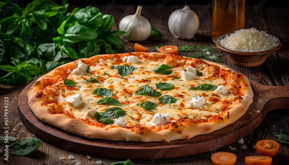 Freshly baked rustic pizza with mozzarella, tomato, and herbs on wood generated by AI