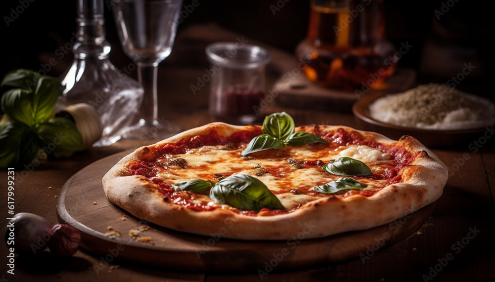 Freshly baked pizza on rustic wood table with mozzarella and tomato generated by AI
