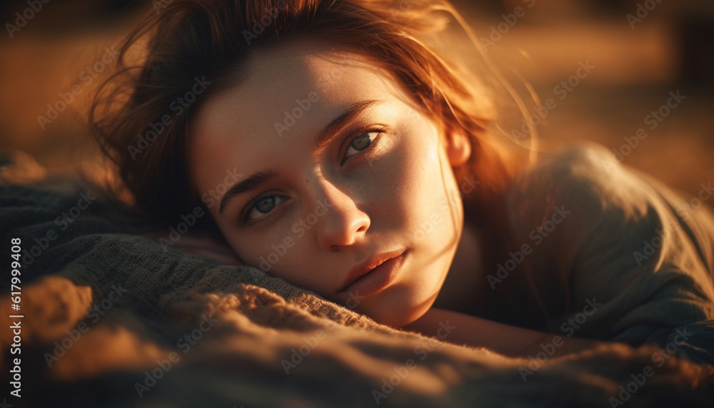 Cute young woman smiling, enjoying nature beauty at sunset generated by AI Cute young woman smiling, enjoying nature beauty at sunset generated by AI