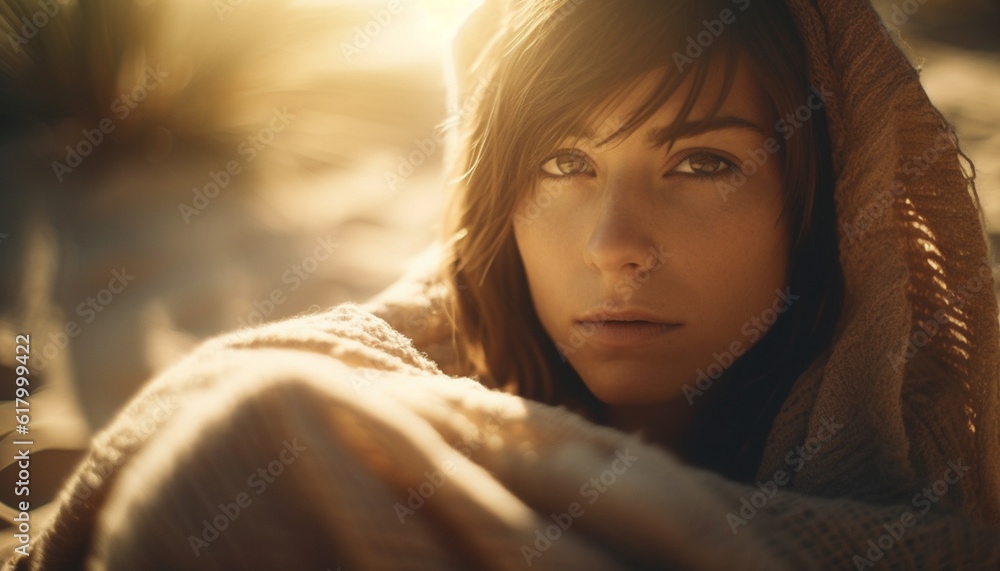 Young woman in nature, smiling at camera generated by AI Young woman in nature, smiling at camera generated by AI