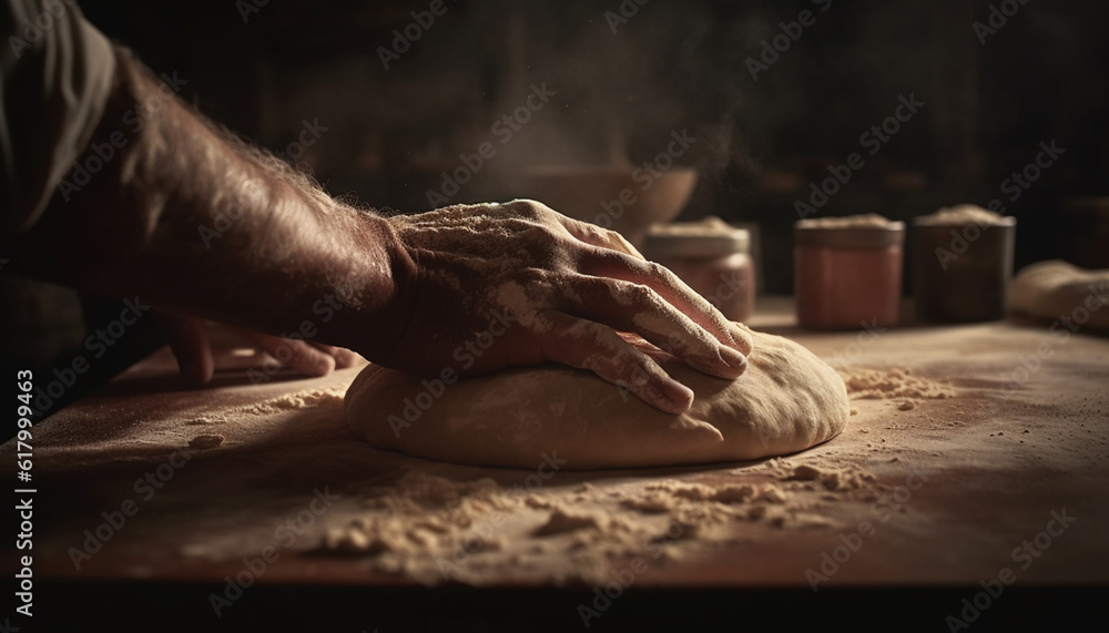 Handmade bread dough preparation on rustic wooden table indoors generated by AI