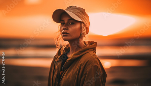 Young woman jogging outdoors at sunset in sports clothing generated by AI