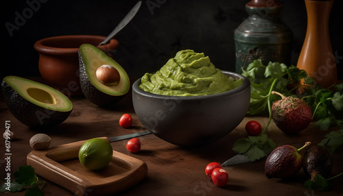 Fresh guacamole dip with ripe avocado, tomato, and cilantro leaf generated by AI
