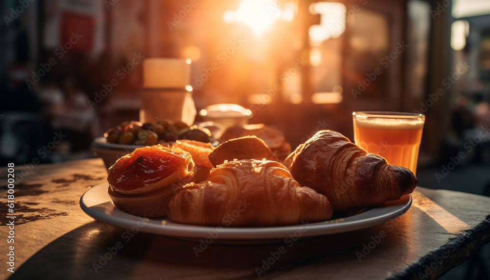 Fresh croissant and sweet bun on rustic wooden table with coffee generated by AI