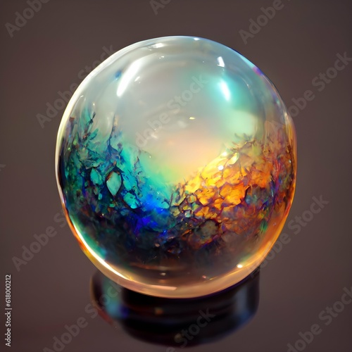 abstract icy orbs iridescent translucent with sun inside 