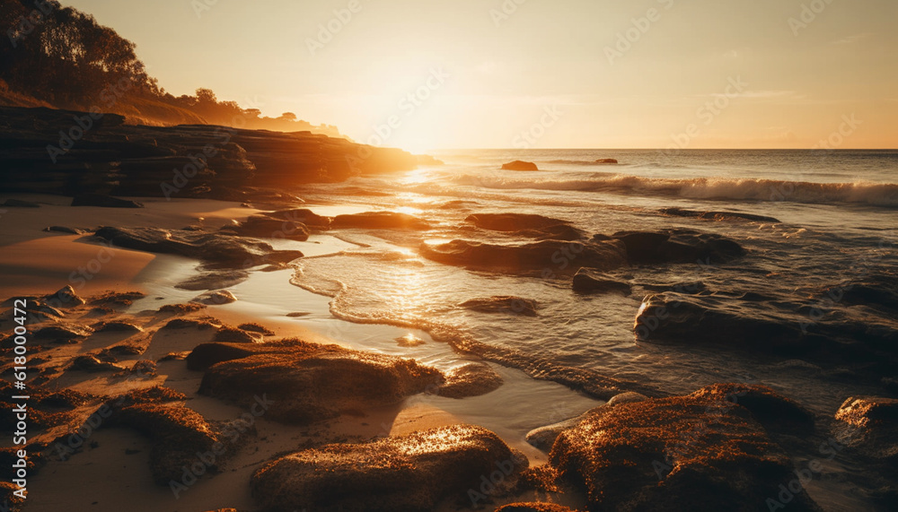 Tranquil seascape at dusk waves crash on rocky coastline generated by AI Tranquil seascape at dusk waves crash on rocky coastline generated by AI
