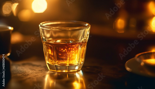 Golden whiskey in a glass, reflecting the dark bar background generated by AI