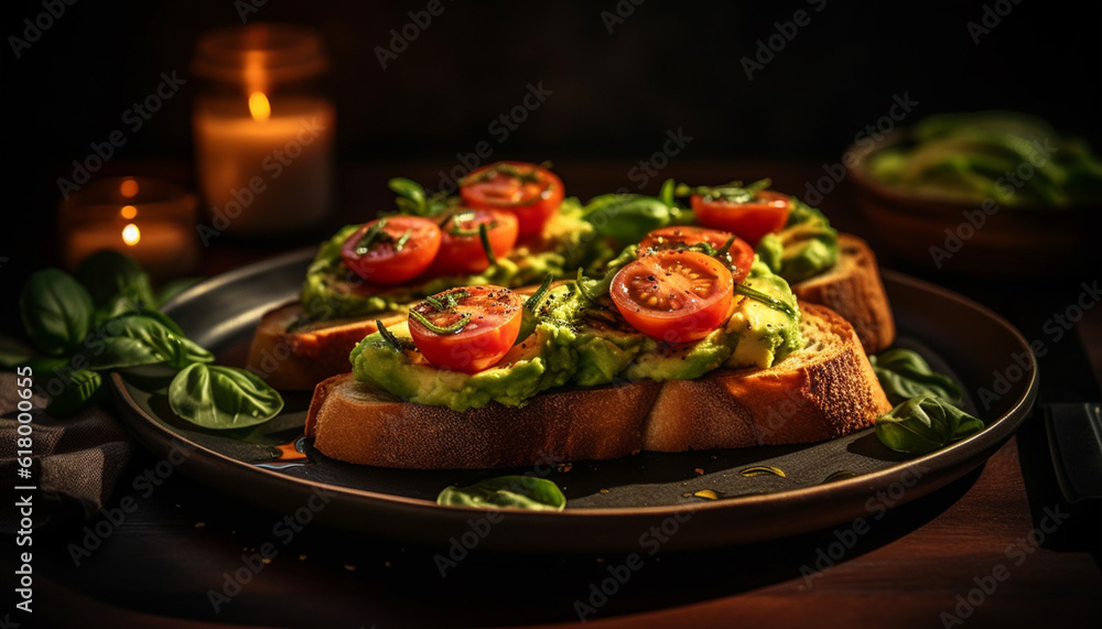Freshly grilled ciabatta sandwich with avocado and mozzarella on rustic plate generated by AI