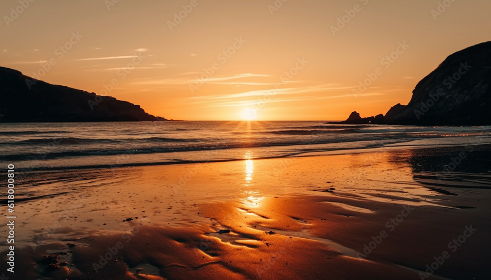 Tranquil seascape at dusk, backlit by golden sunlight over water generated by AI