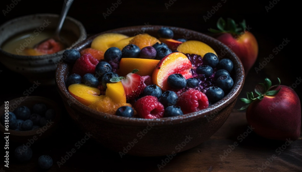 Healthy berry bowl with organic yogurt and granola on rustic table generated by AI Healthy berry bowl with organic yogurt and granola on rustic table generated by AI