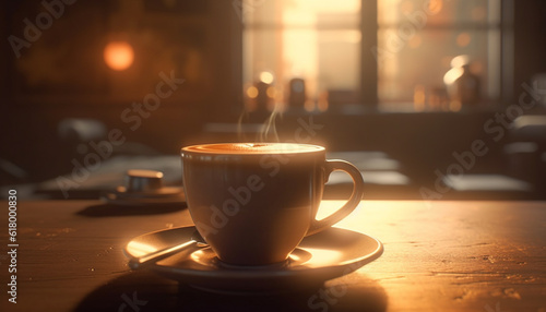 Hot coffee in wooden cup on cozy home table by window generated by AI