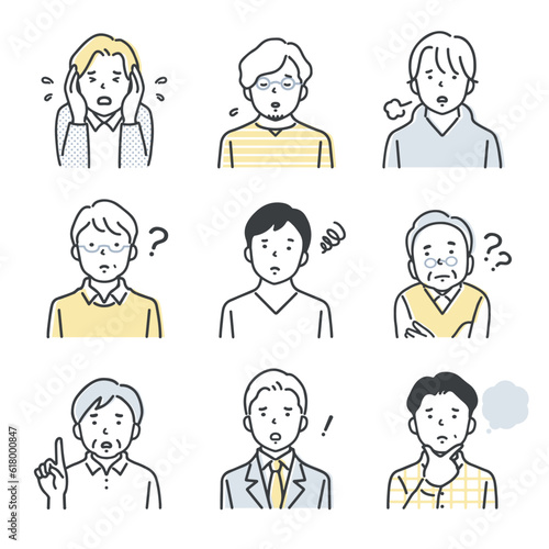 様々な年代の男性のアイコンセット／ネガティブ