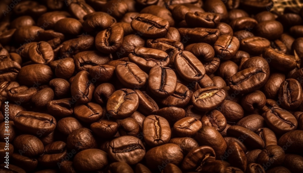 Naklejka premium Dark backdrop, textured bean heap, aroma of fresh coffee tasting generated by AI