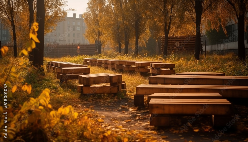 Tranquil autumn meadow, yellow leaves, organic beauty in nature generated by AI Tranquil autumn meadow, yellow leaves, organic beauty in nature generated by AI