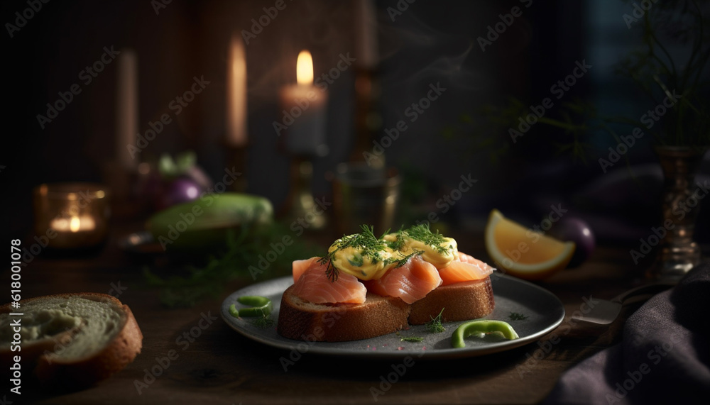 Fresh seafood canape on rustic ciabatta with grilled avocado slice generated by AI Fresh seafood canape on rustic ciabatta with grilled avocado slice generated by AI