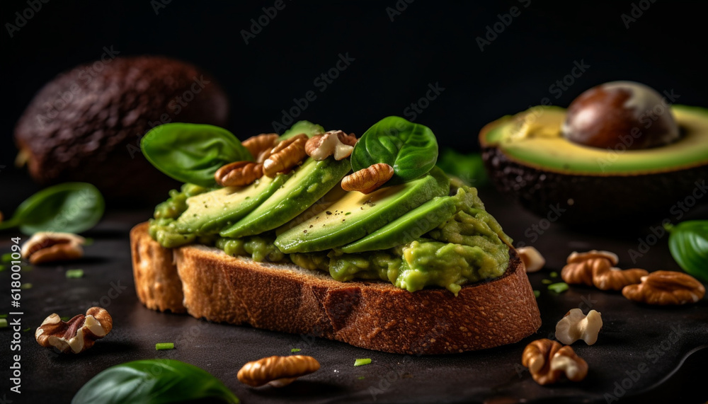 Healthy gourmet snack Avocado guacamole on toasted ciabatta bread generated by AI - obrazy, fototapety, plakaty 
