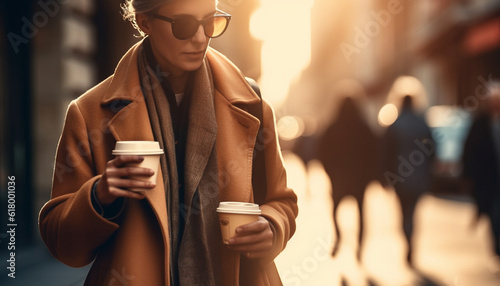 Caucasian businessman holding coffee cup, walking confidently in city sunset generated by AI