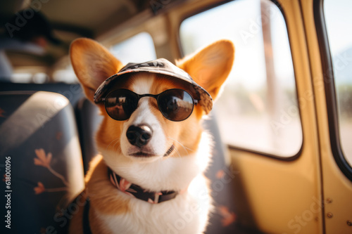 Adorable cute Welsh Corgi Pembroke going on vacation siting in suitcase with straw hat .Funny Vacation and Travel concept. Generated AI tools.
