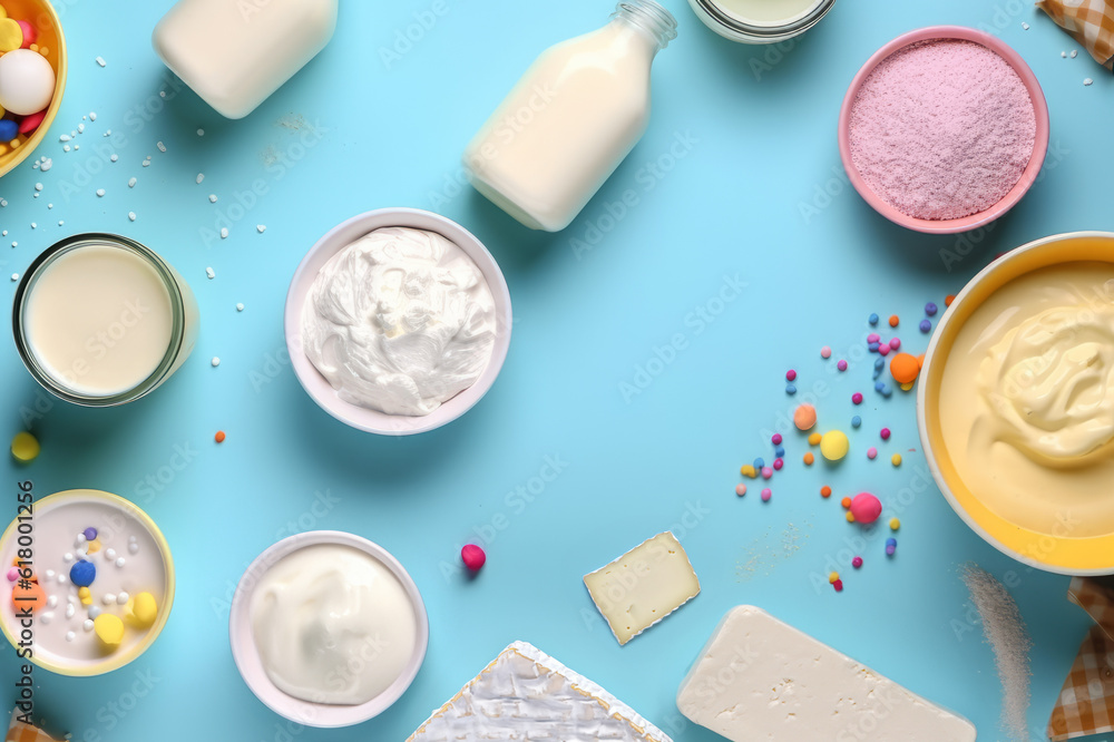 Top view photo of dairy products over bright background. Symbols of Jewish holiday - Shavuot. Generated AI tools. Top view photo of dairy products over bright background. Symbols of Jewish holiday - Shavuot. Generated AI tools.