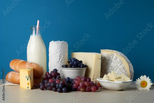 Top view photo of dairy products over bright background. Symbols of Jewish holiday - Shavuot. Generated AI tools.