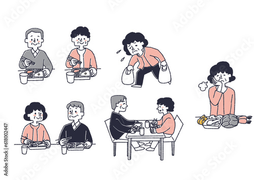 高齢者夫婦がお弁当宅配サービスや食料品配送サービスを利用するイラストセット