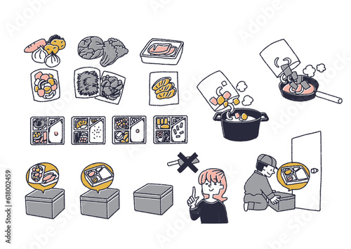 カット野菜や調理キット配送サービス、お弁当宅配サービスに関するイラストセット