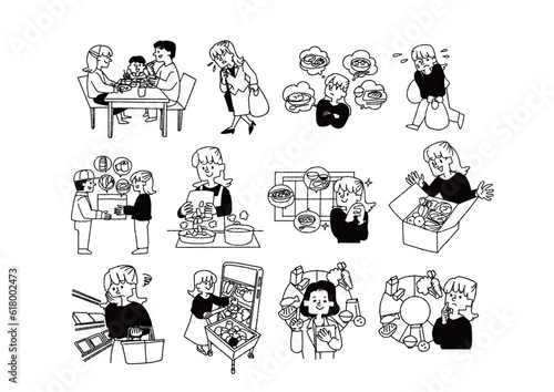 カット野菜や調理キット配送サービス、お弁当宅配サービスに関する人物を交えたイラストセット