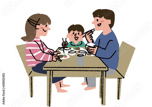 食事をしている3人家族　調理キット配送サービス、お弁当宅配サービスに関するイラスト