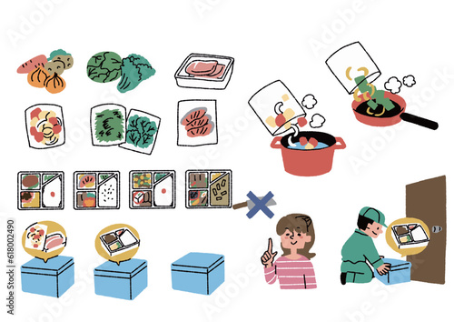カット野菜や調理キット配送サービス、お弁当宅配サービスに関するイラストセット photo