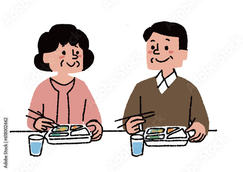 お弁当を仲良く食べる高齢夫婦　調理キット配送サービス、お弁当宅配サービスに関するイラスト